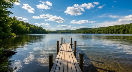 Wooden dock on calm summer lake with clouds
