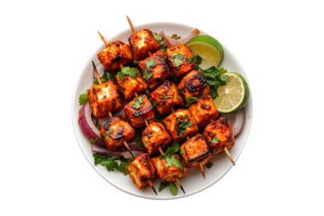 Paneer Tikka on a White Plate isolated on a transparent background