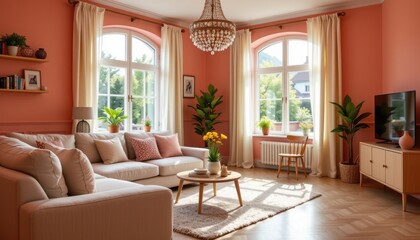 Fototapeta premium Bright and Cozy Living Room with Pink Walls and Natural Light Streaming through Large Windows