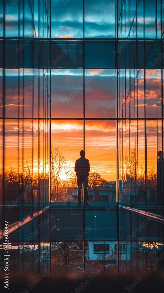 Poster silhouette of a person framed by modern architecture during a vibrant sunset in an urban setting