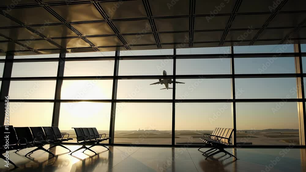 Poster passenger airplane taking off at sunrise seen from the waiting area of a modern airport through a la