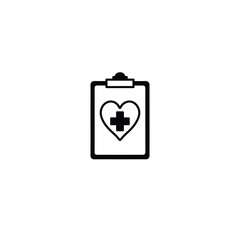 Silhouette of a clipboard with a heart and cross, symbolizing medical policies on white background