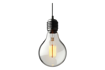 one incandescent light bulb hanging isolated on a transparent background