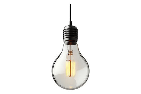 one incandescent light bulb hanging isolated on a transparent background