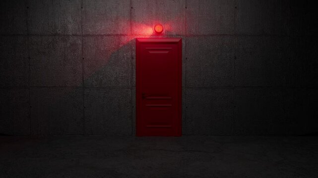 Emergency red exit door standing out with blinking safety beacon amid dark concrete interior, signaling urgent evacuation pathway through industrial space