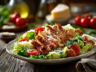 Delicious Chicken Caesar Salad with Fresh Ingredients and Parmesan Cheese