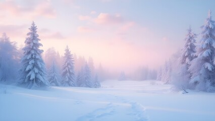 Snowy winter forest at dawn with pastel sky – peaceful frozen landscape background