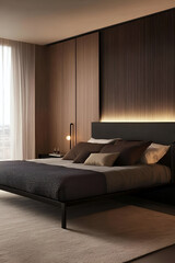 Fototapeta premium A sleek modern bedroom with a black metal bed frame, light wood accents, and minimalistic dcor