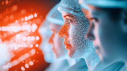 Digital human faces with data points and glowing effects, symbolizing artificial intelligence, technology, and futuristic innovation.