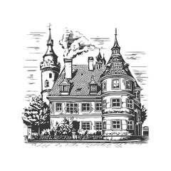 Fototapeta premium Victorian Castle With Turrets And Chimneys Black And White Silhouette Illustration. Architectural Heritage And Historical Design. Isolated Vector Illustration