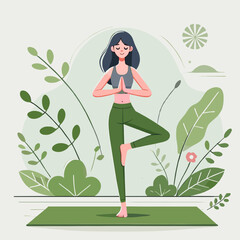 Woman in Tree Yoga Pose on Mat Amidst Green Foliage Cartoon Style
