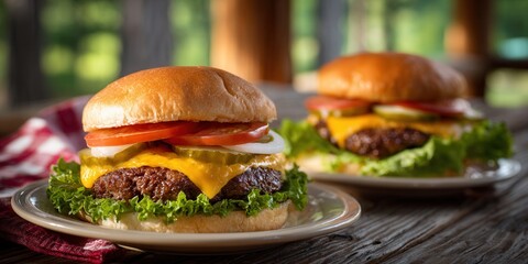Delicious Cheeseburgers with Fresh Ingredients on Rustic Wooden Table