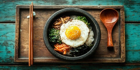 Delicious Bibimbap with Fried Egg and Vegetables Served in a Stone Bowl