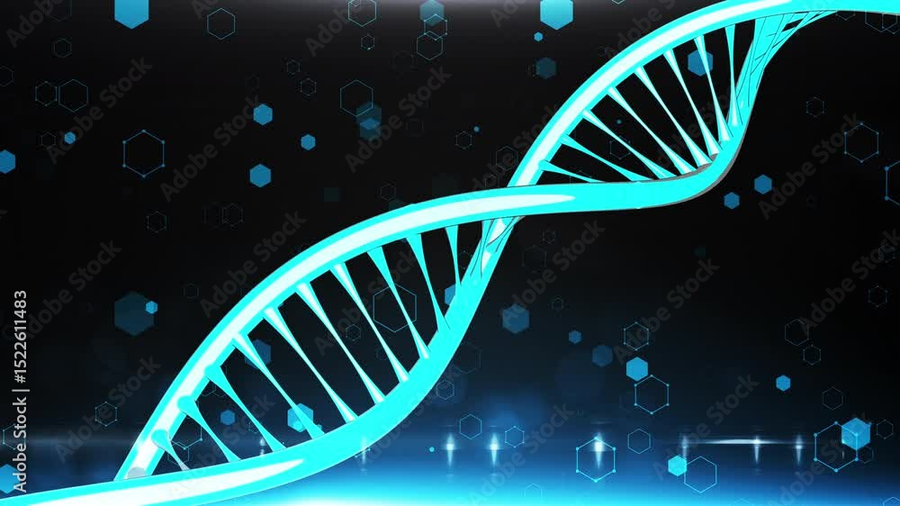 Poster animated dna strand with hexagonal shapes on a dark blue background