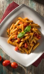 Delicious Penne Pasta with Fresh Tomatoes and Basil on Rustic Wooden Table