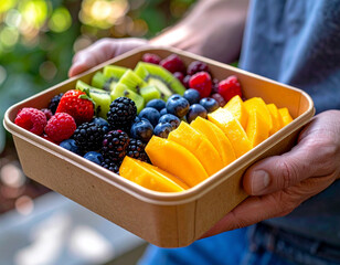 A person holds a box containing a vibrant mix of fresh fruits, including mango, kiwi, and various berries, showcasing a healthy takeaway option in a natural outdoor setting.