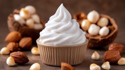 Delicious whipped cream dessert displayed with assorted tasty nuts around it