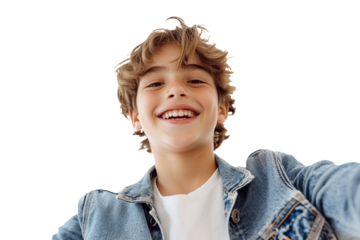 Portrait of a teenage boy in a denim jacket taking a selfie with a playful smile, isolated against on PNG transparent and white background. Ideal for social media, youth branding, lifestyle, digital c