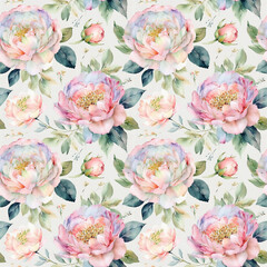 Seamless abstract watercolor floral patterns with pink roses. Botanical watercolour peonies painting backgrounds.