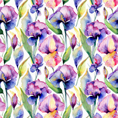A seamless abstract watercolor floral patterns with irises.  Botanical watercolour painting backgrounds.