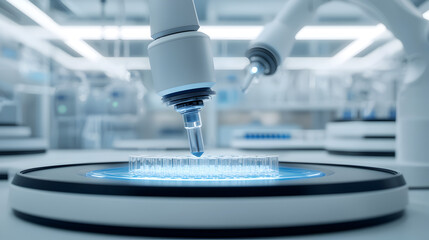 Robotic arm dispenses liquid into test tubes in a high-tech laboratory, highlighting advanced scientific research and automation.