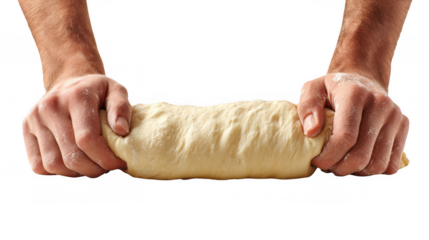 Chef's hands kneading a piece of dough, demonstrating traditional bread making techniques against a transparent background, perfect for culinary projects