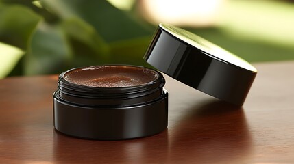 An open jar of brown balm sitting on a wooden surface