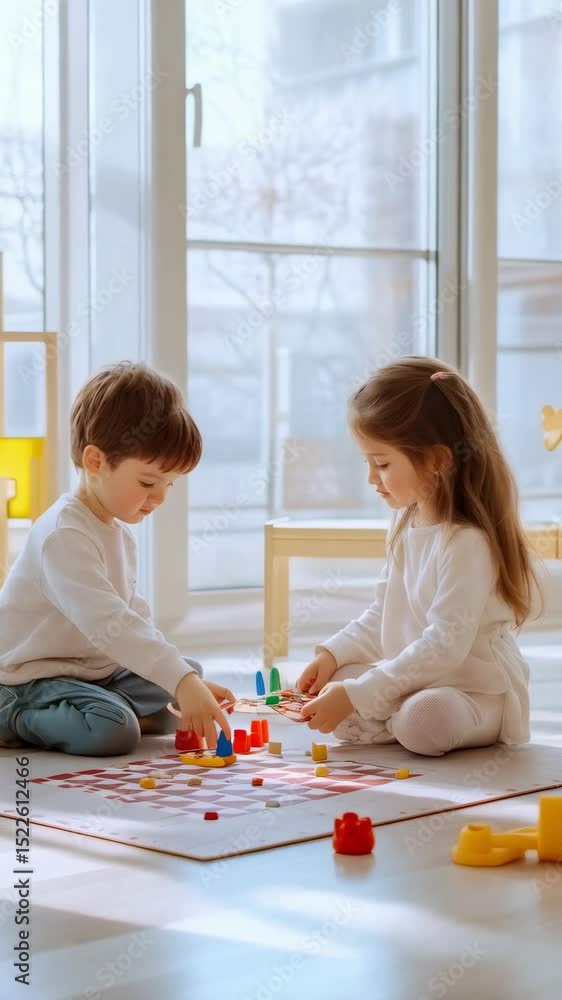 Aufkleber two young children are sitting on the floor enjoying a board game, developing their logic and strate