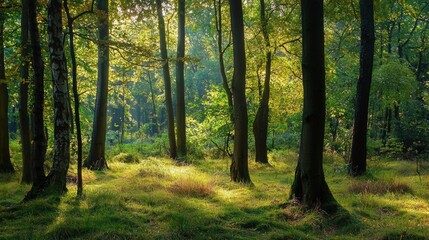 Naklejka premium Lush Forest Scene with Sunlight Filtering Through Trees and Vibrant Green Foliage Creating a Tranquil Outdoor