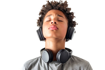 Portrait of a teenage mixed-ethnicity boy with headphones around his neck reacting to a funny message, isolated against on PNG transparent and white background. Ideal for social media, tech ads, youth