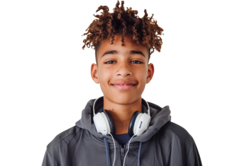 Portrait of a teenage mixed-ethnicity boy with headphones around his neck reacting to a funny message, isolated against on PNG transparent and white background. Ideal for social media, tech ads, youth