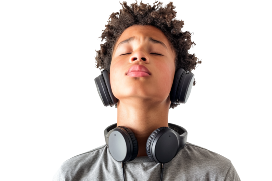 Portrait of a teenage mixed-ethnicity boy with headphones around his neck reacting to a funny message, isolated against on PNG transparent and white background. Ideal for social media, tech ads, youth