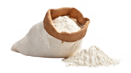 Freshly milled flour is spilling from a white canvas sack with a burlap top, creating a small mound of flour on a transparent background, perfect for food and baking projects