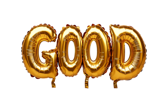 English word GOOD made with gold foil balloon isolated on a transparent background - Powered by Adobe