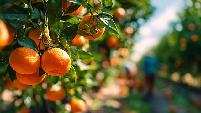 Harvesting Ripe Oranges in a Sunny Orchard