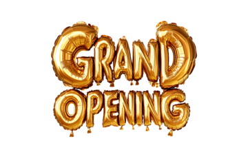 English word GRAND OPENING made with gold foil isolated on a transparent background