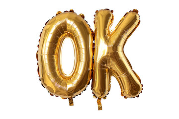English word OK made with gold foil balloon isolated on a transparent background