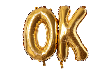 English word OK made with gold foil balloon isolated on a transparent background