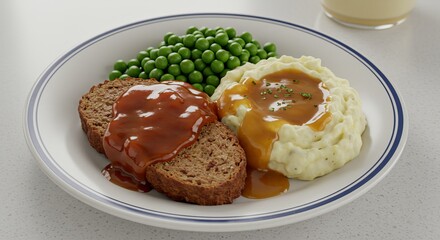 Close up of meatloaf with gravy mashed potatoes and peas on a white plate with a blue rim detail