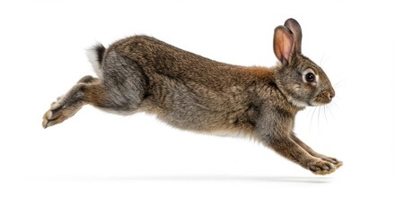 A brown rabbit mid jump with its ears up and a white background in a studio setting on a white floor