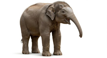 Fototapeta premium A young elephant with its trunk raised slightly on a plain white background in a studio shot