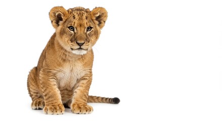 Obraz premium A cute lion cub sitting upright with a curious expression on a plain white background in a studio