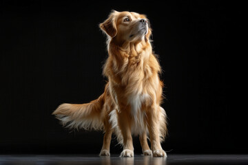 Adult Golden Retriever standing confidently, isolated on a black background. Radiant golden fur, calm eyes, and friendly stance. Perfect for editorial use, pet visuals, and breed showcases.