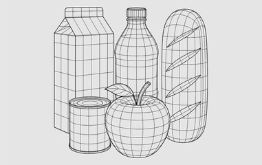 Wireframe Grocery Items with Milk, Juice, Can, and Bread
