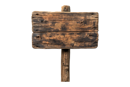 Empty old vintage wooden signboard isolated on a transparent background