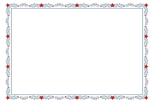 4th of July Ornate swirls isolated border, patriotic red stars, and blue, Elegant fancy award rectangle frame layout design elements, Independence Day Calligraphy Flourish Card Square frame 