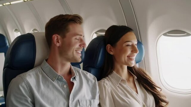 Young couple sharing joyful moments during international flight, radiating happiness while talking and looking forward to upcoming travel adventure