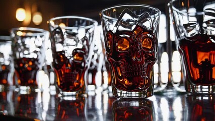 Close-up of skull-shaped glasses filled with dark beverage on reflective bar surface, creating gothic mood with edgy lighting and mysterious atmosphere for nightlife or Halloween theme