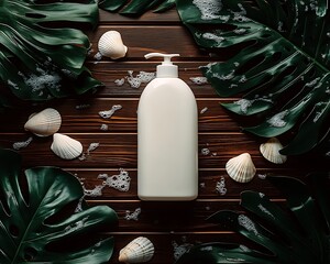 A white bottle and leaves with shells on wooden surface