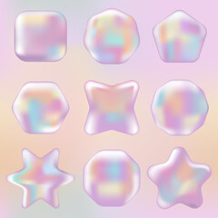 3D Pink Hologram Mockup set: stickers, labels, stamps with different shapes. Abstract Chrome badge, certificate and coupon in Y2K style on Gradient background.